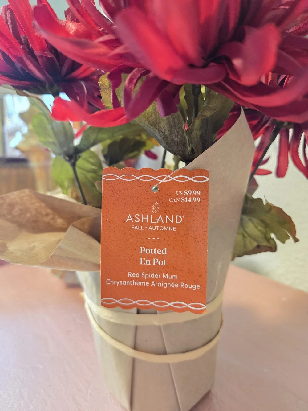 Ashland Red Chrysanthemum Faux Bouquet in Kraft Wrap